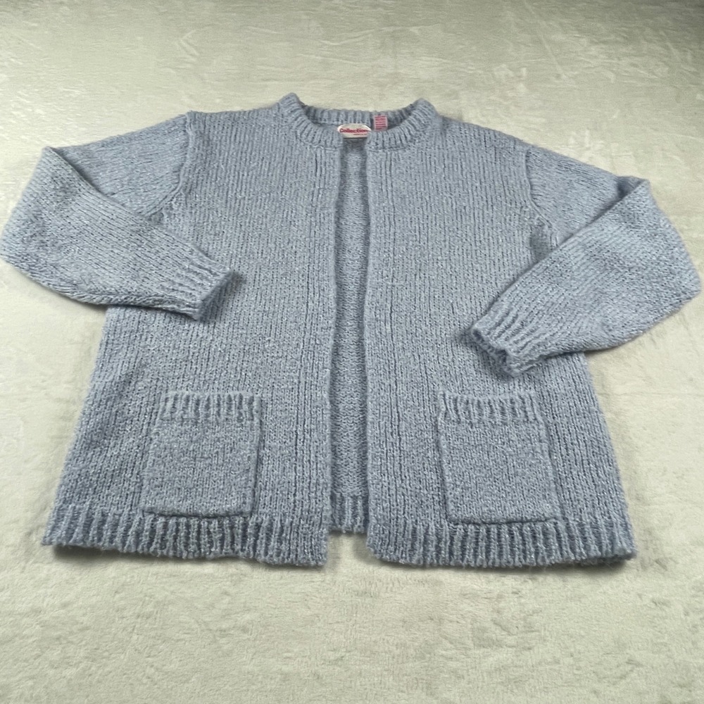 Collections Vintage Blue Chunky Knit Open Front Cardigan Sweater Pockets Large